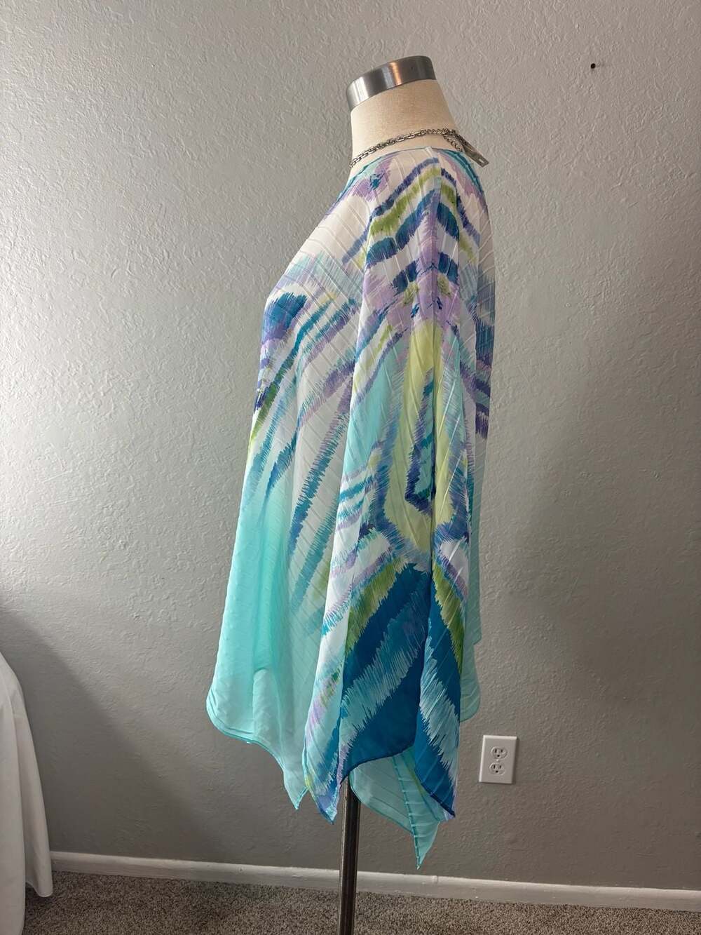 Chico's Abstract Ikat Print Pleated Chiffon Poncho Blouse - Picture 3 of 10